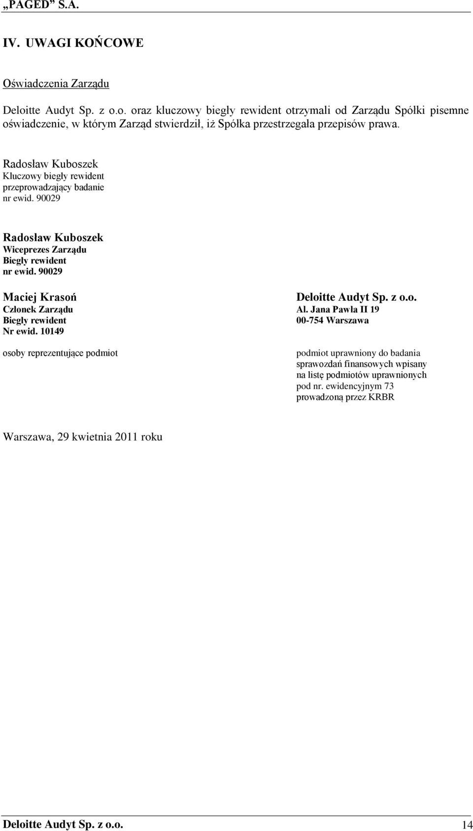 Radosław Kuboszek Kluczowy biegły rewident przeprowadzający badanie nr ewid. 90029 Radosław Kuboszek Wiceprezes Zarządu Biegły rewident nr ewid.