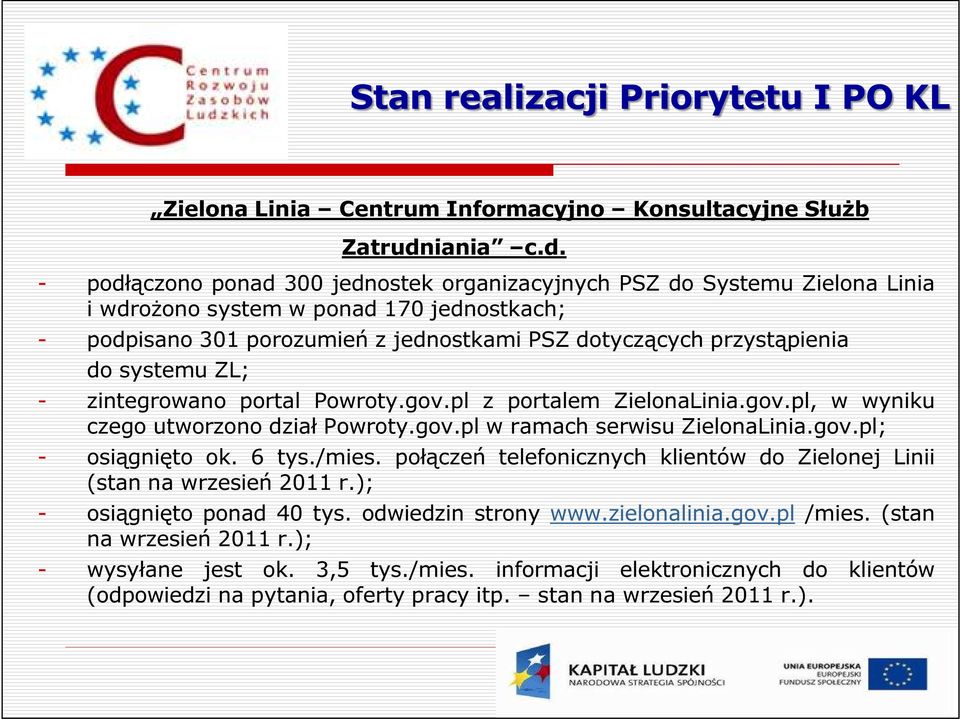 - podłączono ponad 300 jednostek organizacyjnych PSZ do Systemu Zielona Linia i wdrożono system w ponad 170 jednostkach; - podpisano 301 porozumień z jednostkami PSZ dotyczących przystąpienia do