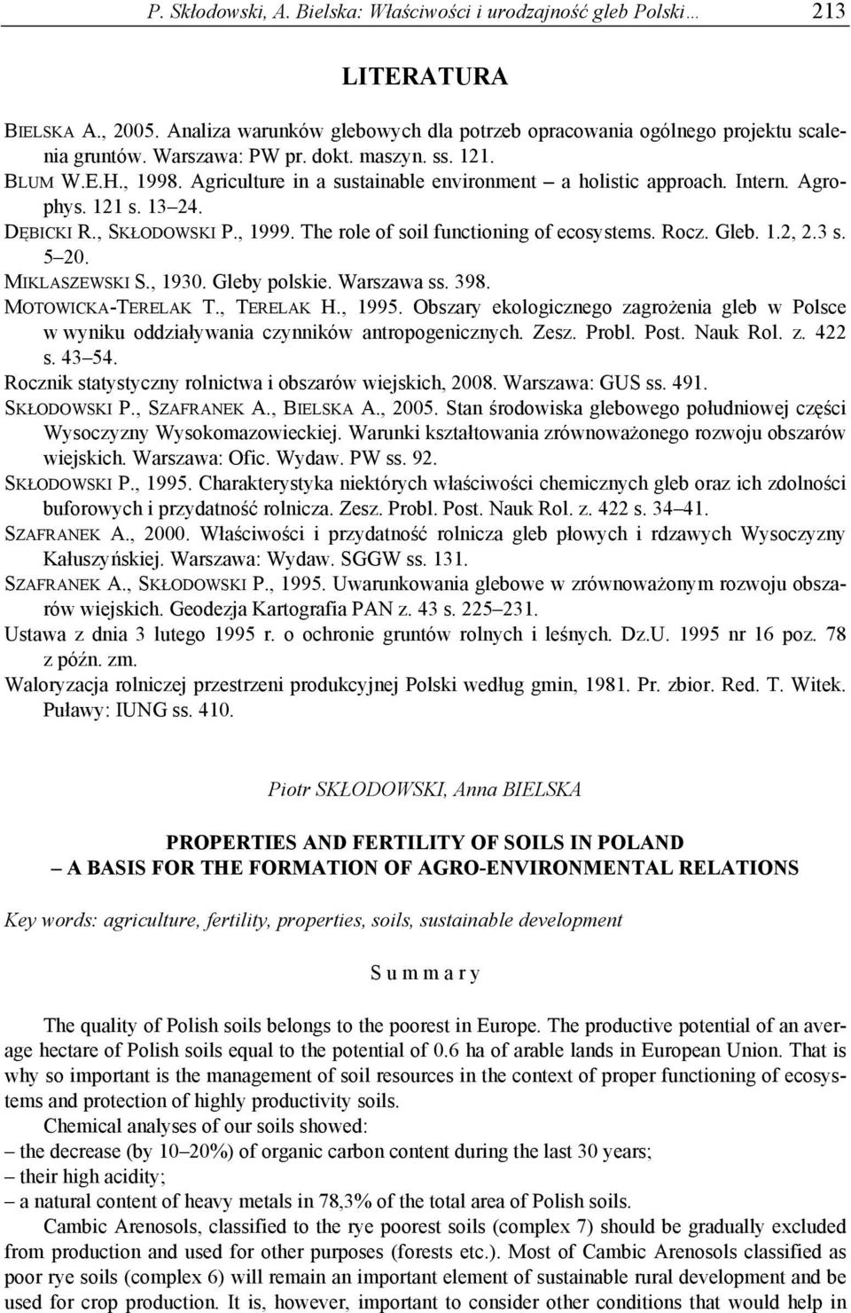 The role of soil functioning of ecosystems. Rocz. Gleb. 1.2, 2.3 s. 5 20. MIKLASZEWSKI S., 1930. Gleby polskie. Warszawa ss. 398. MOTOWICKA-TERELAK T., TERELAK H., 1995.