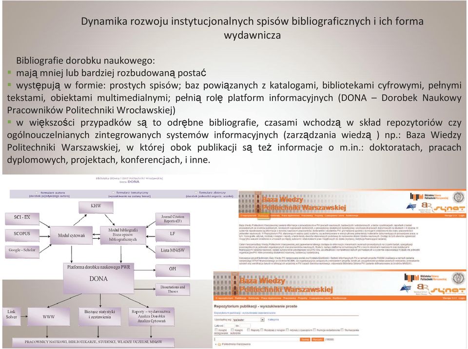 Pracowników Politechniki Wrocławskiej) w większości przypadków są to odrębne bibliografie, czasami wchodzą w skład repozytoriów czy ogólnouczelnianych zintegrowanych systemów