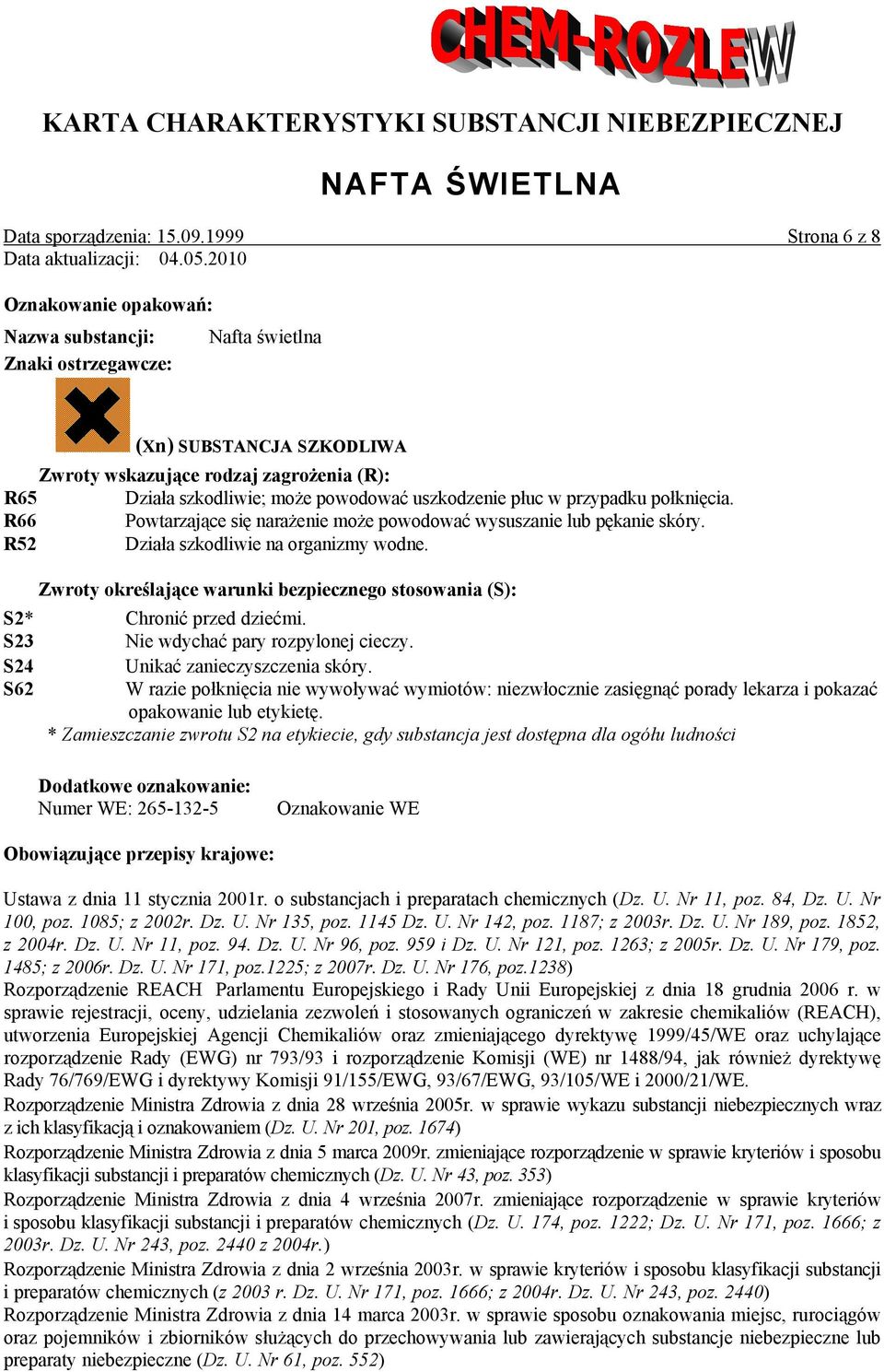 uszkodzenie płuc w przypadku połknięcia. R66 Powtarzające się narażenie może powodować wysuszanie lub pękanie skóry. R52 Działa szkodliwie na organizmy wodne.
