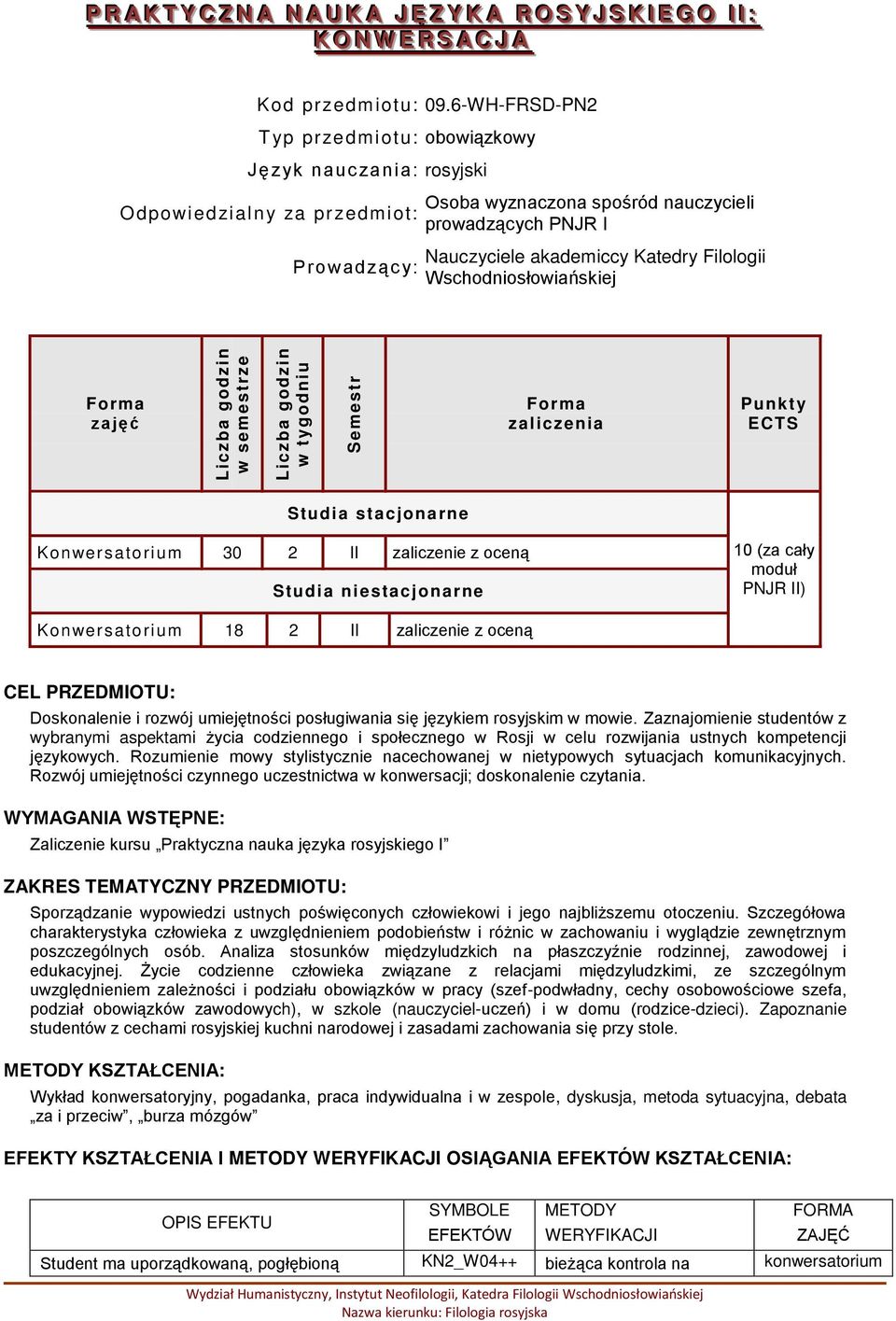 Filologii Wschodniosłowiańskiej zajęć zaliczenia Punkt y ECTS Studia stacjonarne Konwersatorium 30 2 II zaliczenie z oceną Studia niestacjonarne 10 (za cały moduł PNJR II) Konwersatorium 18 2 II