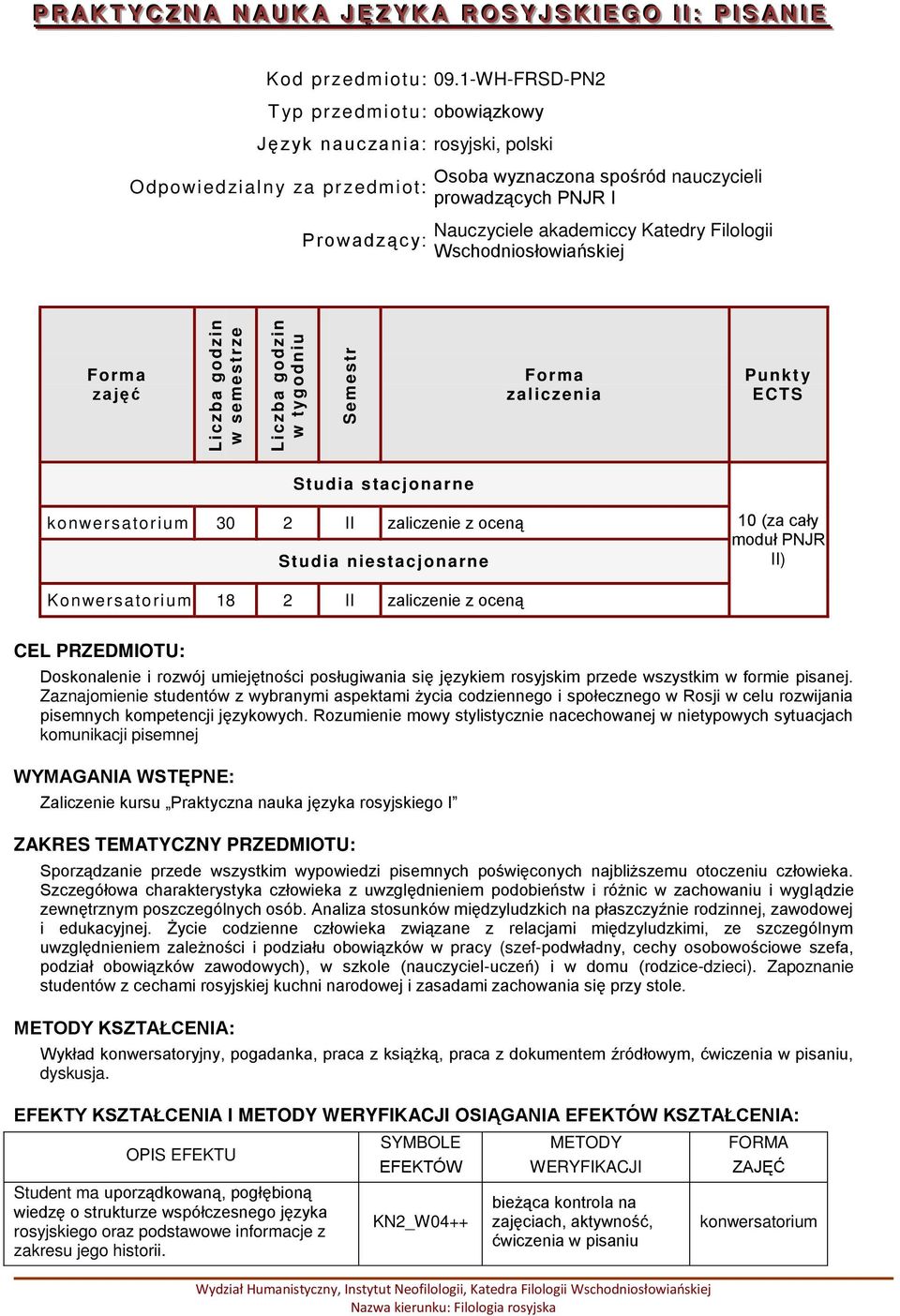 Katedry Filologii Wschodniosłowiańskiej zajęć zaliczenia Punkt y ECTS Studia stacjonarne 30 2 II zaliczenie z oceną Studia niestacjonarne 10 (za cały moduł PNJR II) Konwersatorium 18 2 II zaliczenie