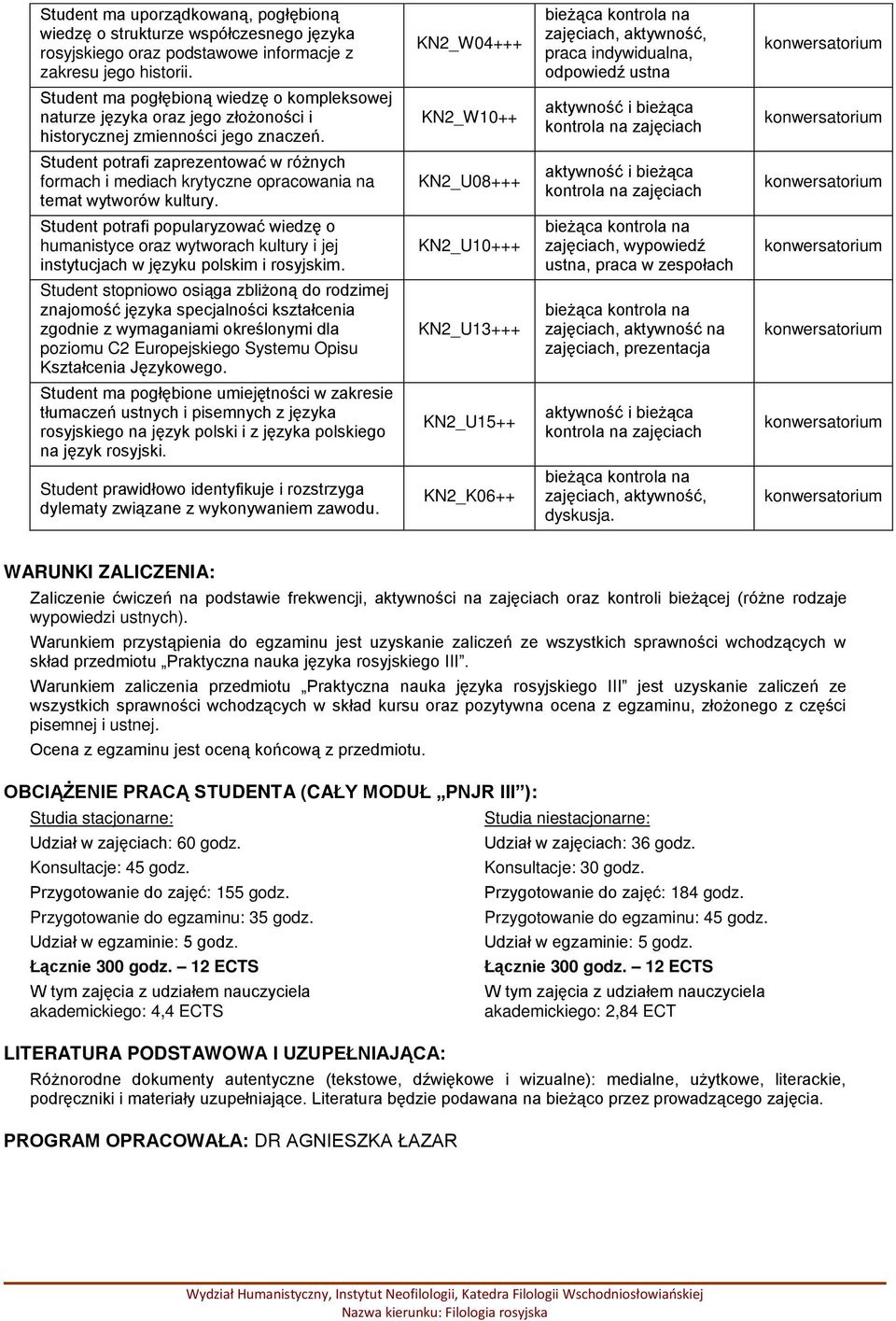 KN2_W10++ aktywność i bieżąca kontrola na zajęciach Student potrafi zaprezentować w różnych formach i mediach krytyczne opracowania na temat wytworów kultury.