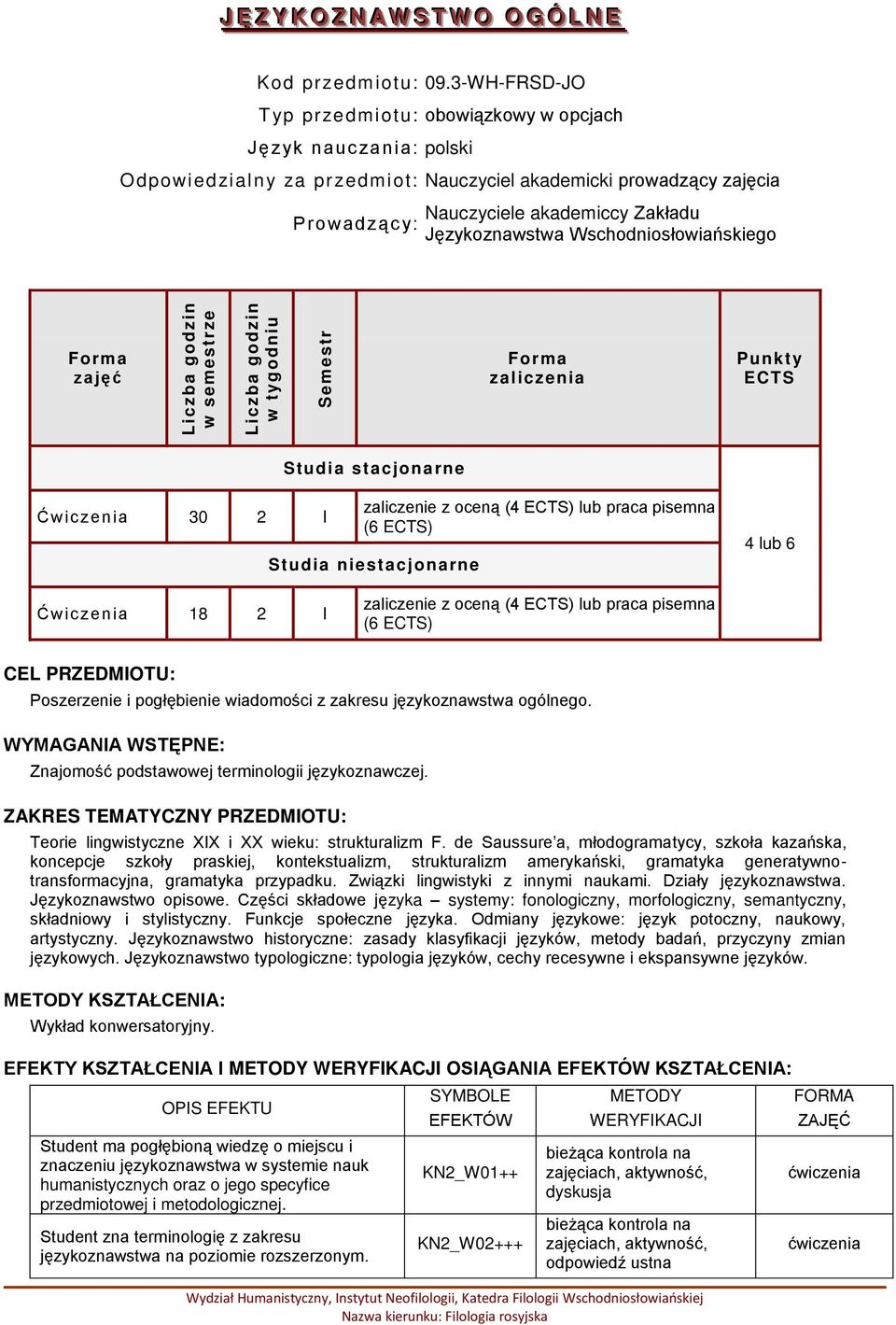 Językoznawstwa Wschodniosłowiańskiego zajęć zaliczenia Punkt y ECTS Studia stacjonarne Ćwic zenia 30 2 I zaliczenie z oceną (4 ECTS) lub praca pisemna (6 ECTS) Studia niestacjonarne 4 lub 6 Ćwic