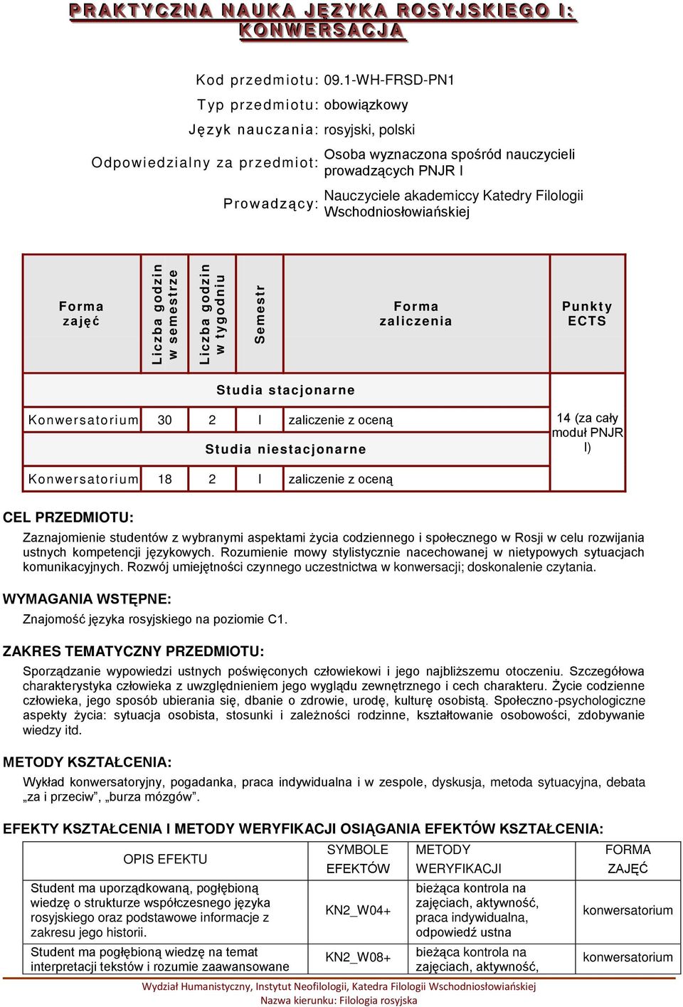 Katedry Filologii Wschodniosłowiańskiej zajęć zaliczenia Punkt y ECTS Studia stacjonarne Konwersatorium 30 2 I zaliczenie z oceną Studia niestacjonarne 14 (za cały moduł PNJR I) Konwersatorium 18 2 I