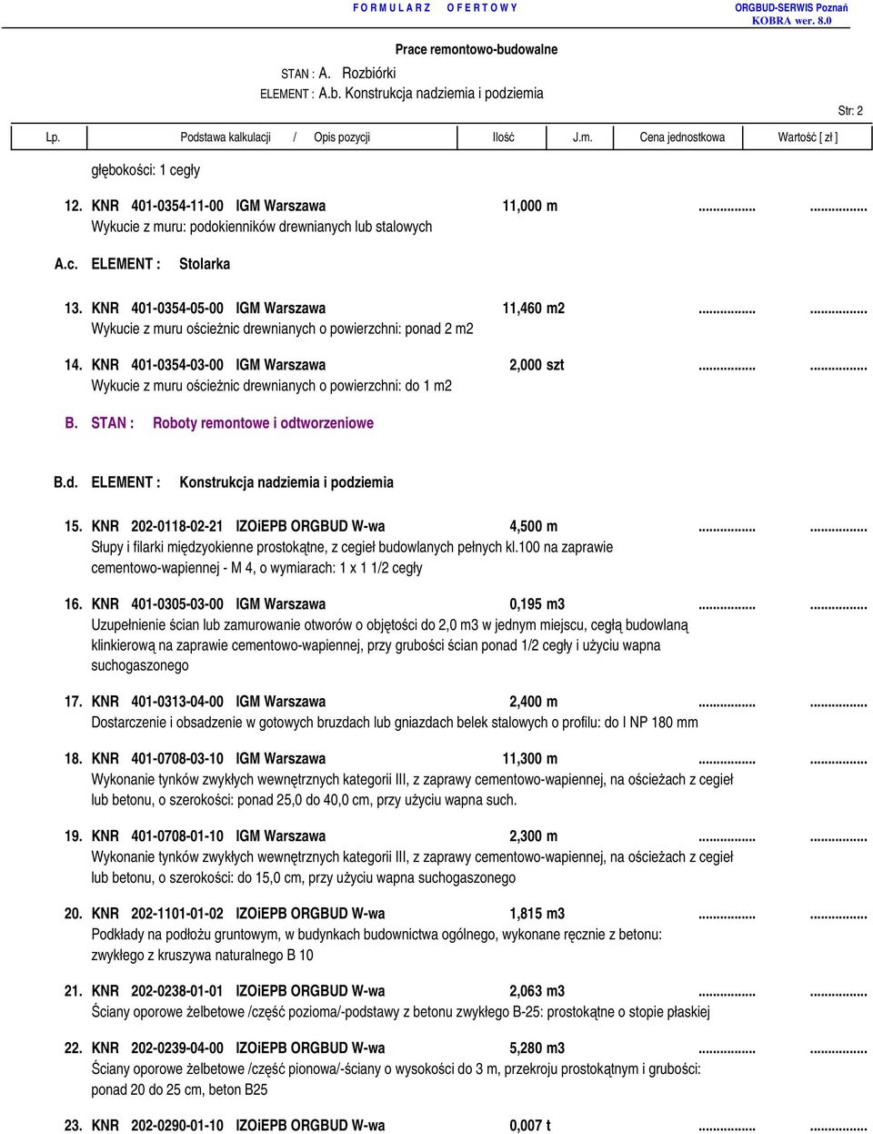 ..... Wykucie z muru ościeżnic drewnianych o powierzchni: do 1 m2 B. STAN : Roboty remontowe i odtworzeniowe B.d. ELEMENT : Konstrukcja nadziemia i podziemia 15.