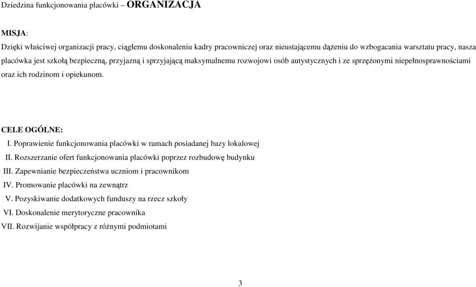 Poprawienie funkcjonowania placówki w ramach posiadanej bazy lokalowej II. Rozszerzanie ofert funkcjonowania placówki poprzez rozbudowę budynku III.