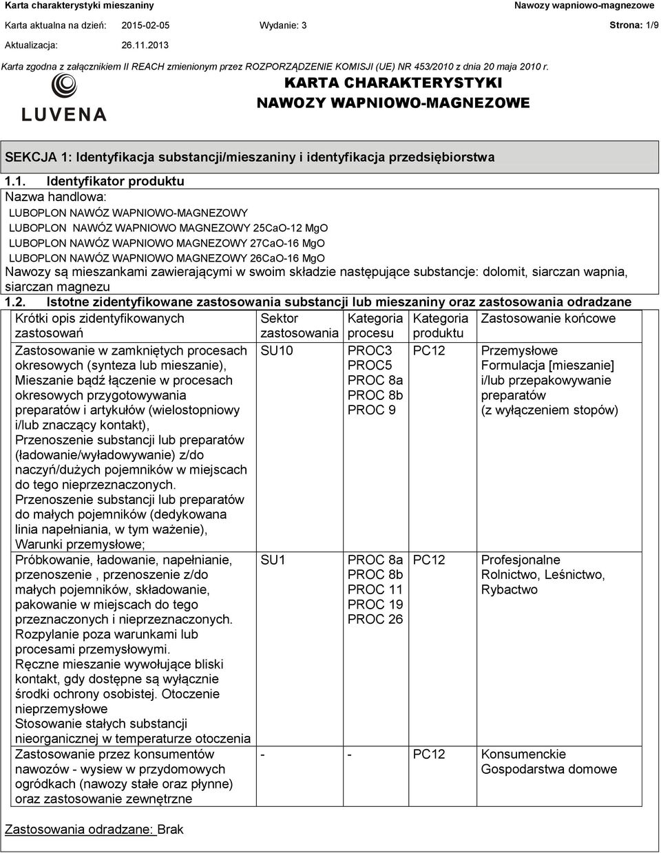 9 KARTA CHARAKTERYSTYKI NAWOZY WAPNIOWO-MAGNEZOWE SEKCJA 1: