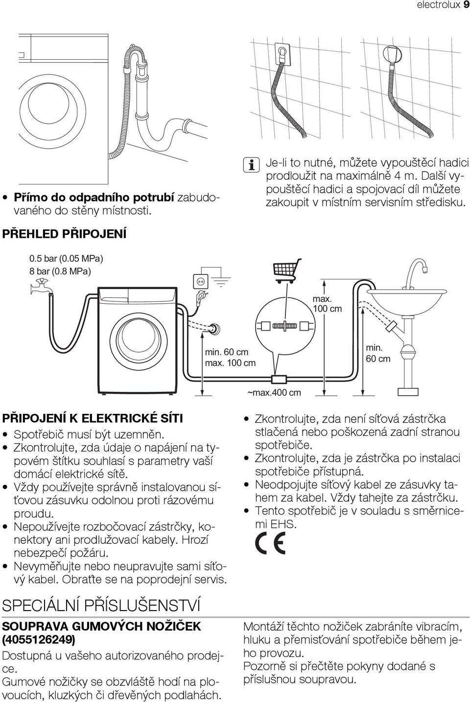 400 cm PŘIPOJENÍ K ELEKTRICKÉ SÍTI Spotřebič musí být uzemněn. Zkontrolujte, zda údaje o napájení na typovém štítku souhlasí s parametry vaší domácí elektrické sítě.