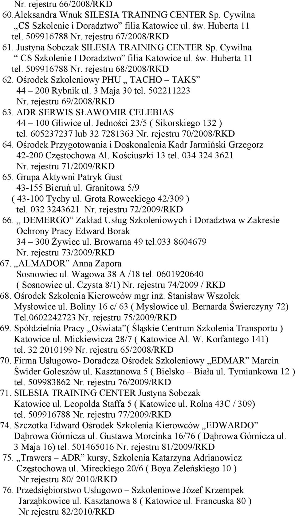 Ośrodek Szkoleniowy PHU TACHO TAKS 44 200 Rybnik ul. 3 Maja 30 tel. 502211223 Nr. rejestru 69/2008/RKD 63. ADR SERWIS SŁAWOMIR CELEBIAS 44 100 Gliwice ul. Jedności 23/5 ( Sikorskiego 132 ) tel.