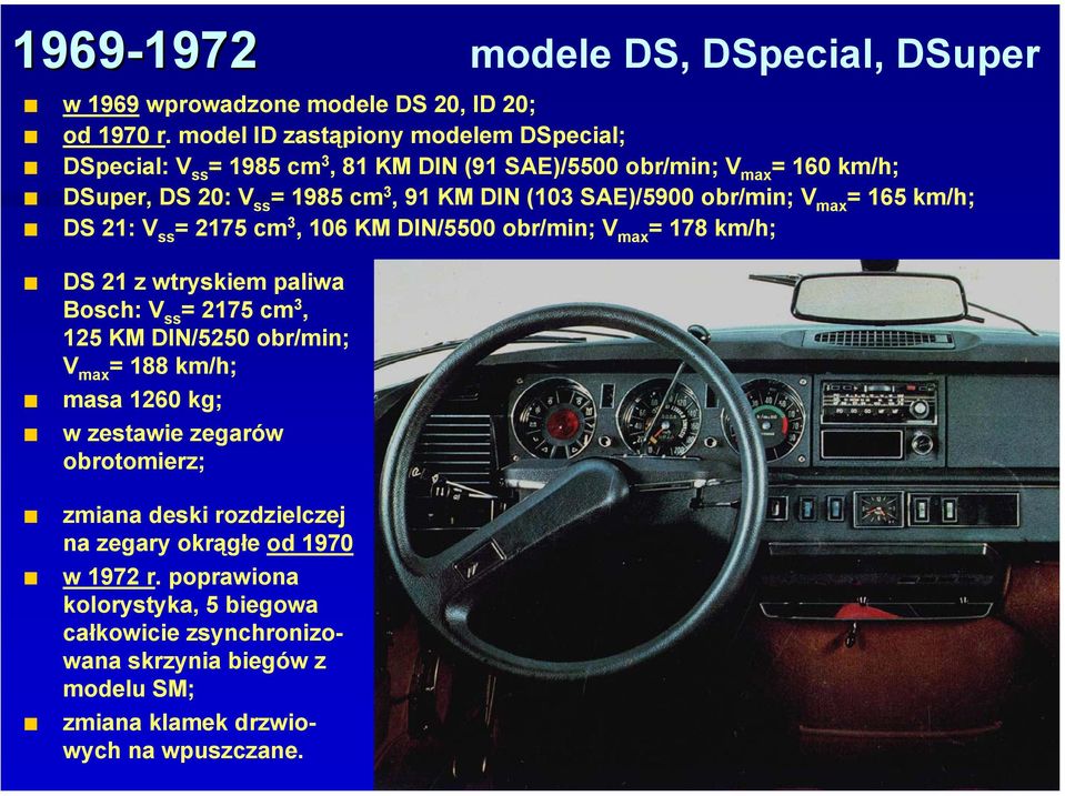SAE)/5900 obr/min; V max = 165 km/h; DS 21: V ss = 2175 cm 3, 106 KM DIN/5500 obr/min; V max = 178 km/h; DS 21 z wtryskiem paliwa Bosch: V ss = 2175 cm 3, 125 KM DIN/5250