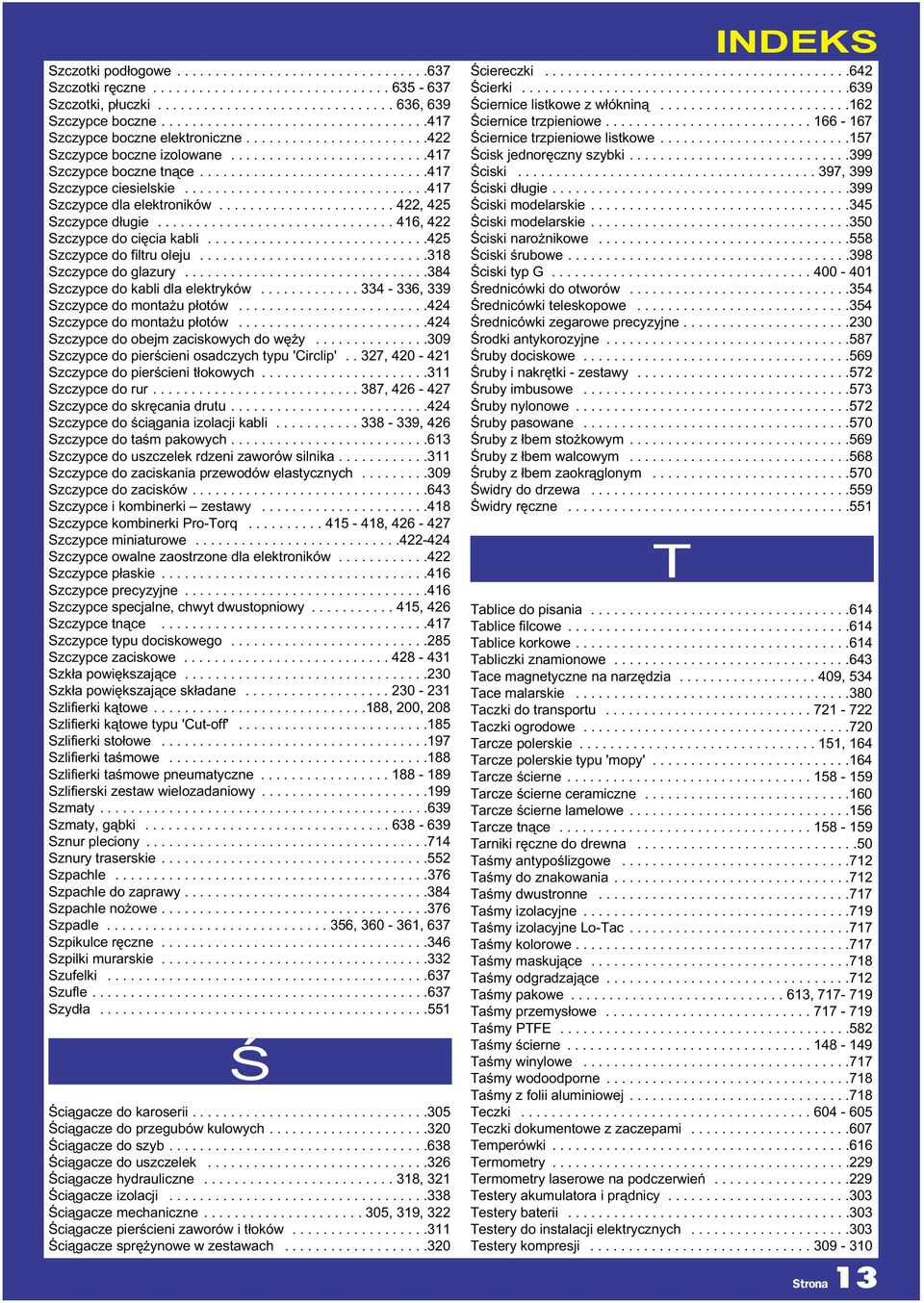 ...............................417 Szczypce dla elektroników....................... 422, 425 Szczypce długie............................... 416, 422 Szczypce do cięcia kabli.
