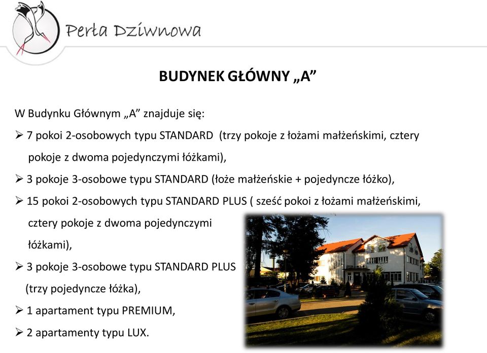 pojedyncze łóżko), 15 pokoi 2-osobowych typu STANDARD PLUS ( sześć pokoi z łożami małżeńskimi, cztery pokoje z dwoma