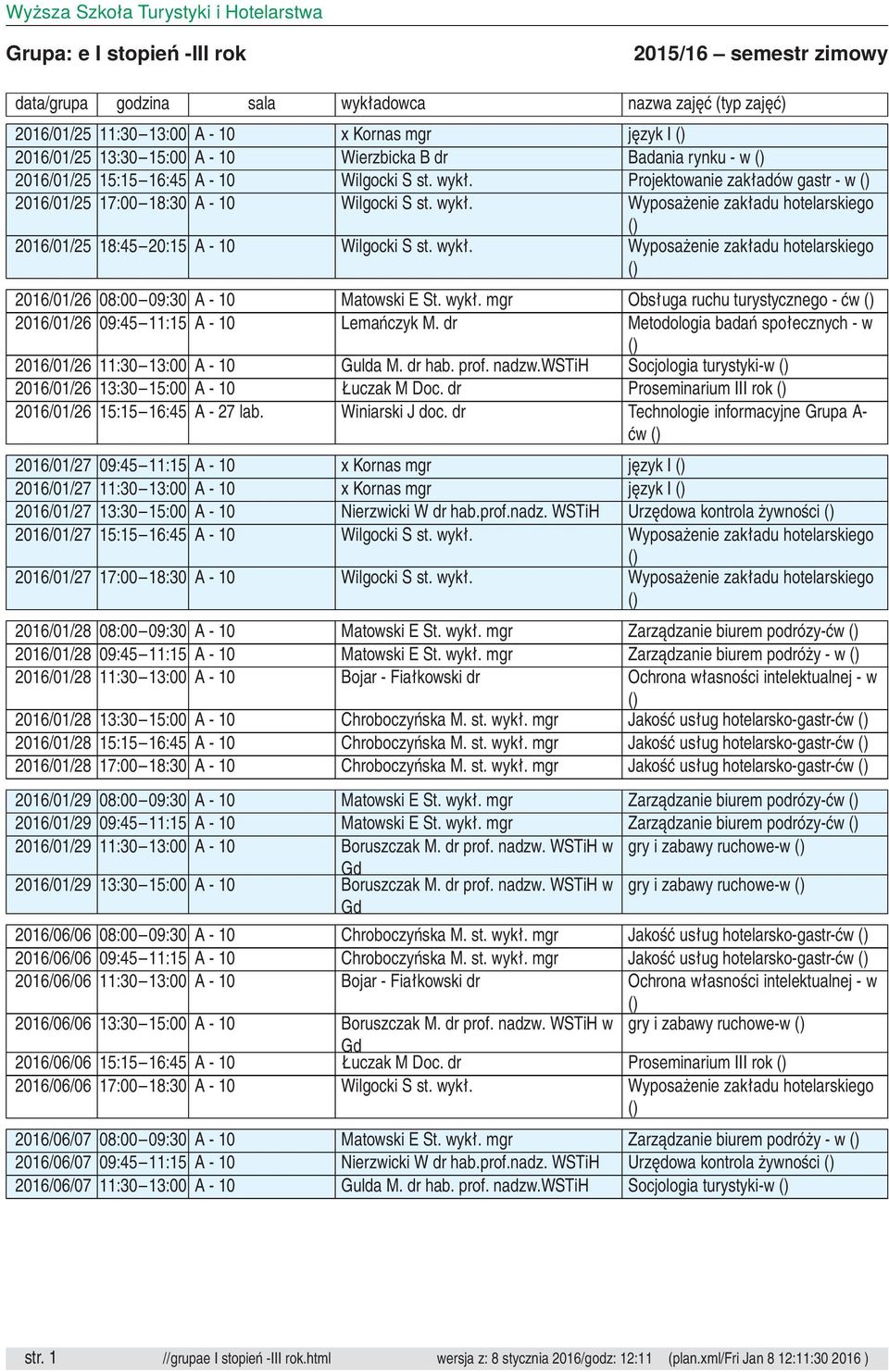 wykł. mgr Obsługa ruchu turystycznego - ćw 2016/01/26 09:45 11:15 A - 10 Lemańczyk M. dr Metodologia badań społecznych - w 2016/01/26 11:30 13:00 A - 10 Gulda M. dr hab. prof. nadzw.
