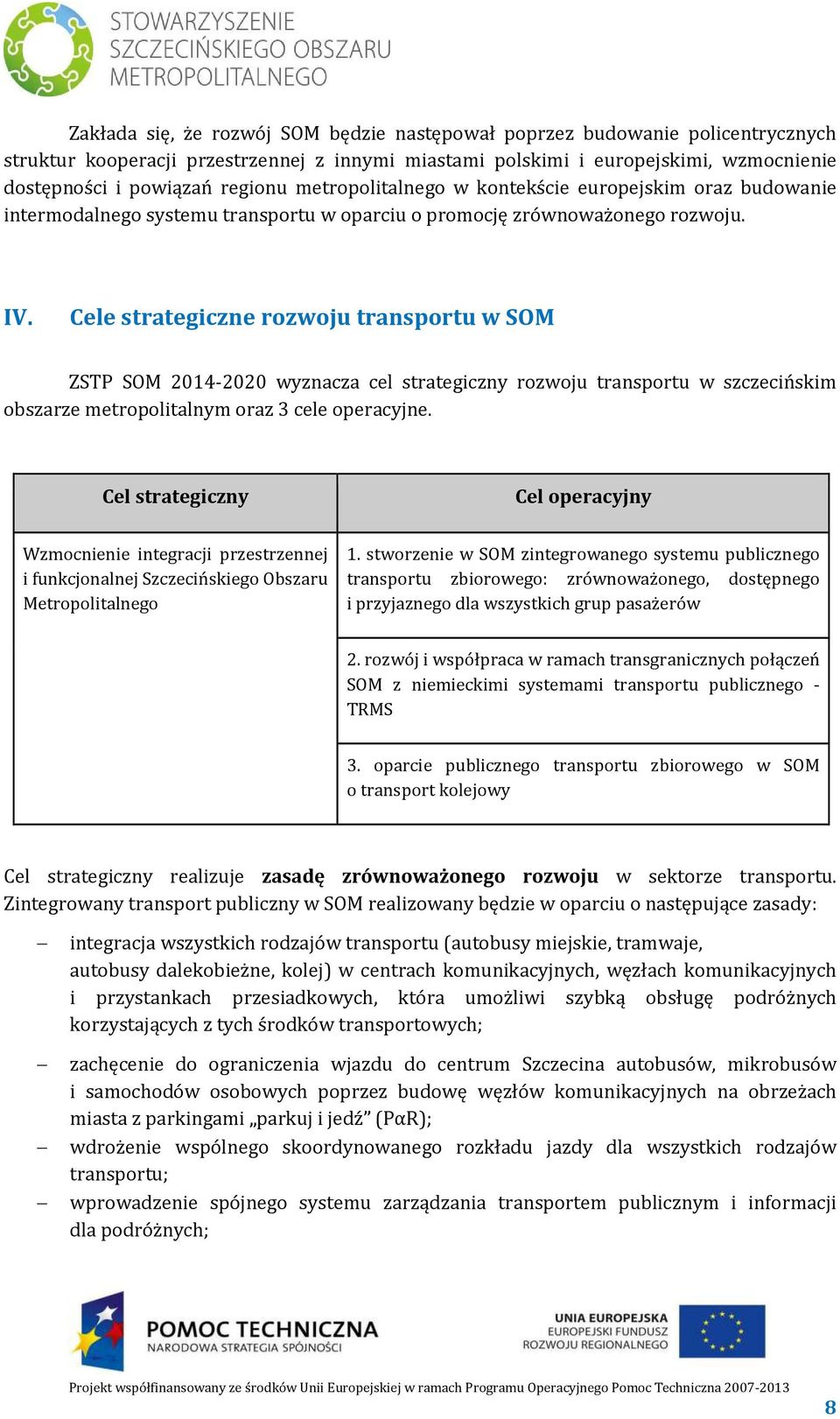 Cele strategiczne rozwoju transportu w SOM ZSTP SOM 2014-2020 wyznacza cel strategiczny rozwoju transportu w szczecińskim obszarze metropolitalnym oraz 3 cele operacyjne.