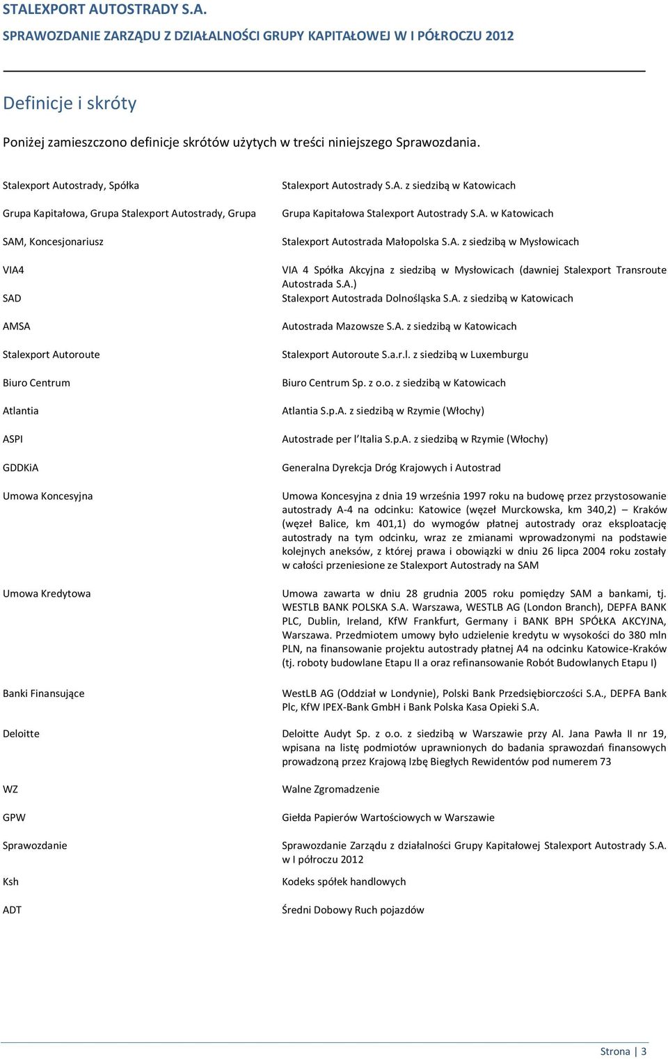 Kredytowa Banki Finansujące Stalexport Autostrady S.A. z siedzibą w Katowicach Grupa Kapitałowa Stalexport Autostrady S.A. w Katowicach Stalexport Autostrada Małopolska S.A. z siedzibą w Mysłowicach VIA 4 Spółka Akcyjna z siedzibą w Mysłowicach (dawniej Stalexport Transroute Autostrada S.