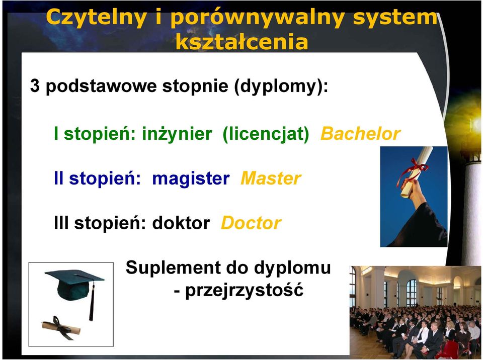 Bachelor II stopień: magister Master III stopień: doktor