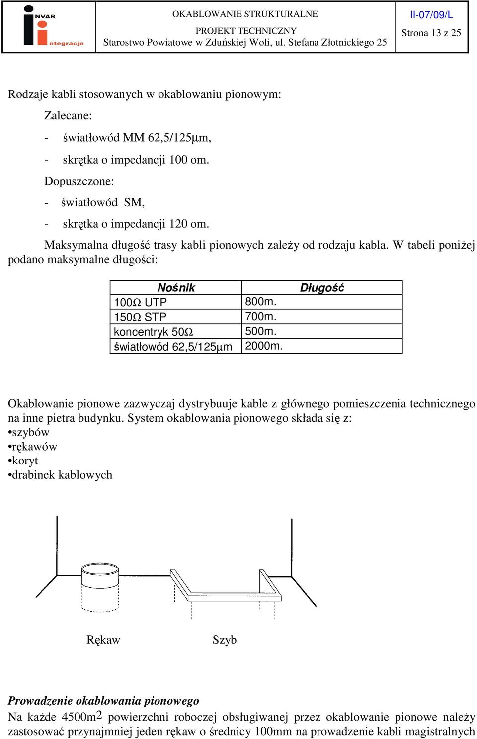 Długość Okablowanie pionowe zazwyczaj dystrybuuje kable z głównego pomieszczenia technicznego na inne pietra budynku.