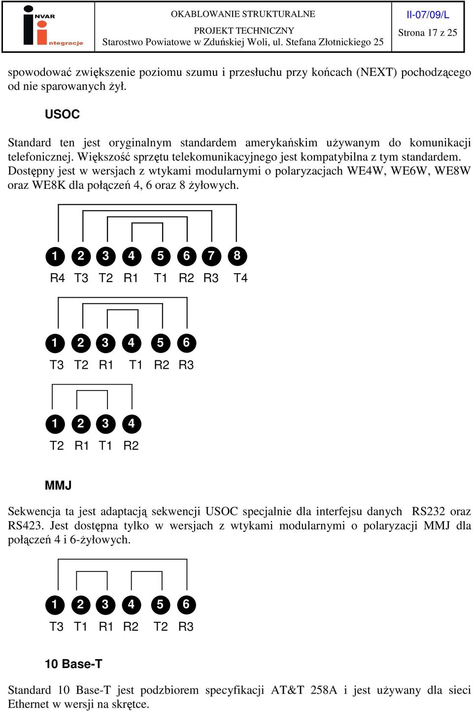 Dostępny jest w wersjach z wtykami modularnymi o polaryzacjach WE4W, WE6W, WE8W oraz WE8K dla połączeń 4, 6 oraz 8 Ŝyłowych.