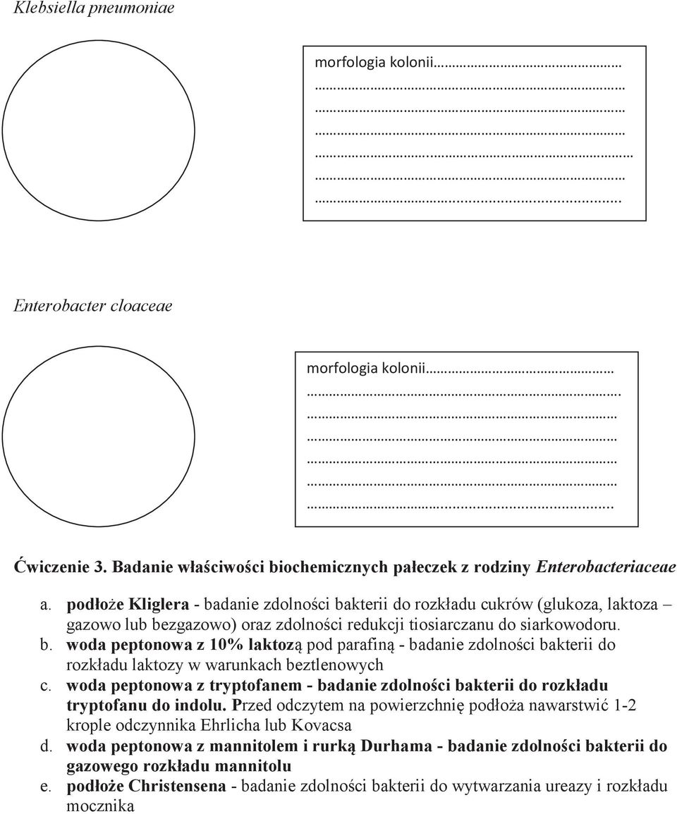 woda peptonowa z tryptofanem - badanie zdolności bakterii do rozkładu tryptofanu do indolu. Przed odczytem na powierzchnię podłoża nawarstwić 1-2 krople odczynnika Ehrlicha lub Kovacsa d.