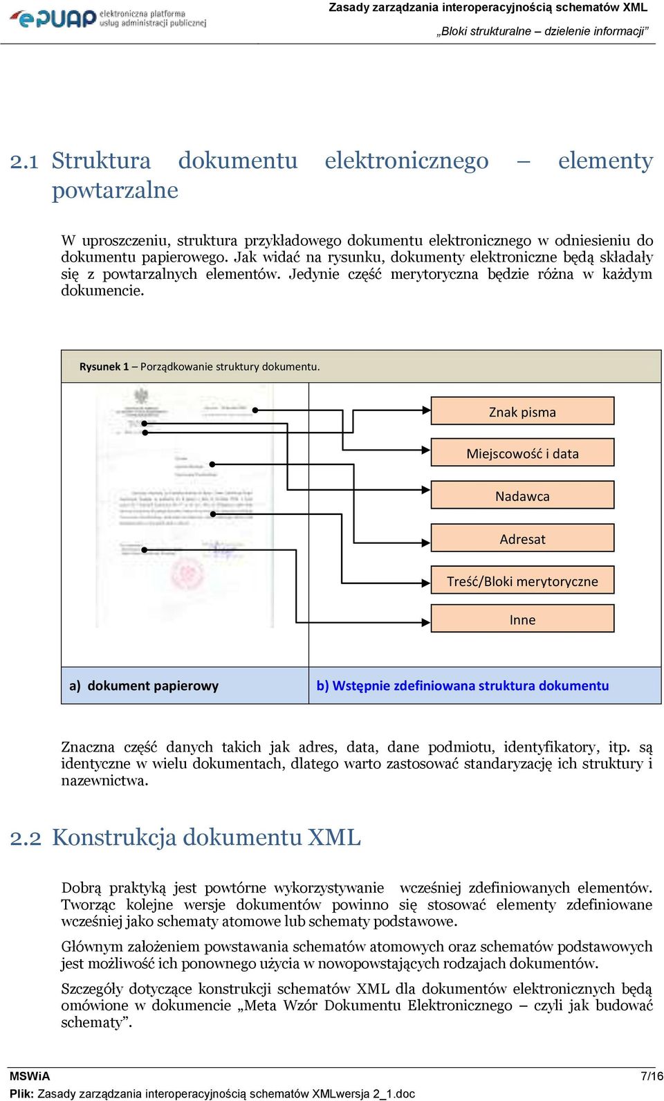 Jak widać na rysunku, dkumenty elektrniczne będą składały się z pwtarzalnych elementów. Jedynie część merytryczna będzie różna w każdym dkumencie. Rysunek 1 Prządkwanie struktury dkumentu.