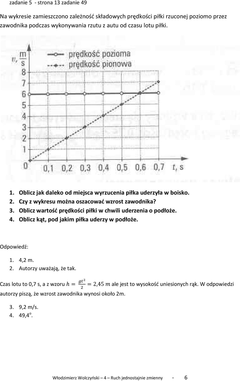 Oblicz wartość prędkości piłki w chwili uderzenia o podłoże. 4. Oblicz kąt, pod jakim piłka uderzy w podłoże. 1. 4,2 m. 2. Autorzy uważają, że tak.