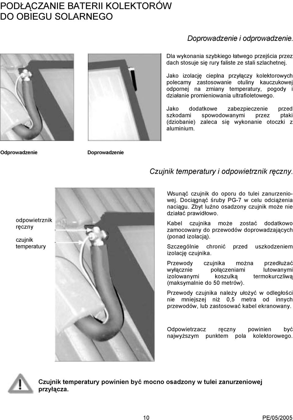 Jako dodatkowe zabezpieczenie przed szkodami spowodowanymi przez ptaki (dziobanie) zaleca się wykonanie otoczki z aluminium. Odprowadzenie Doprowadzenie Czujnik temperatury i odpowietrznik ręczny.