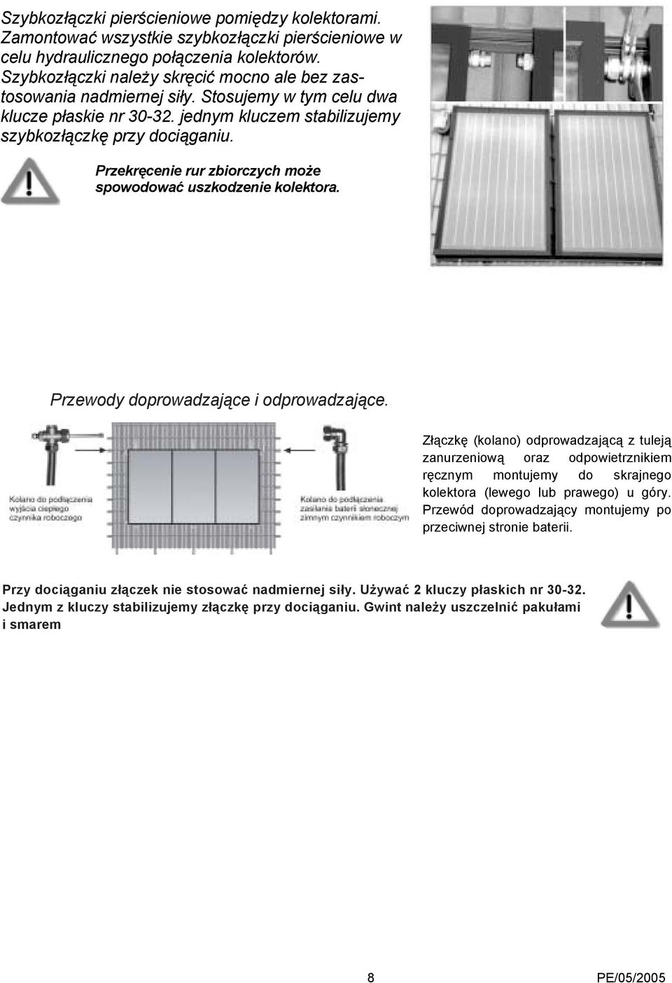 Przekręcenie rur zbiorczych może spowodować uszkodzenie kolektora. Przewody doprowadzające i odprowadzające.