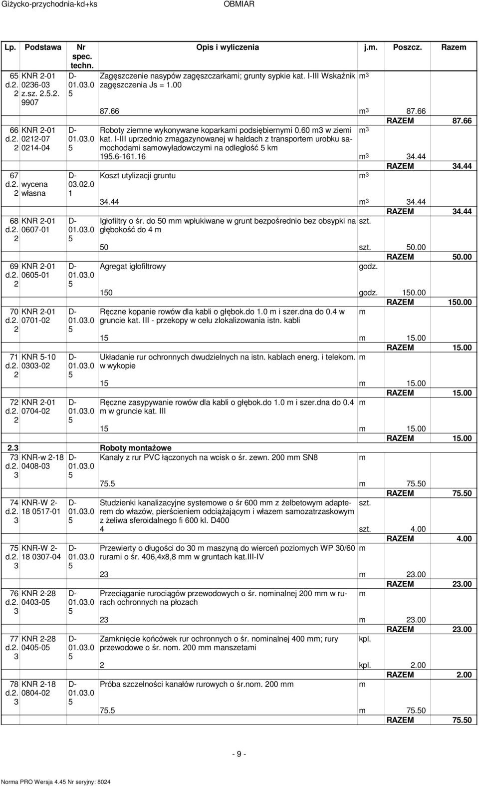 I-III uprzednio zagazynowanej w hałdach z transporte urobku saochodai saowyładowczyi na odległość k 9.6-6.6 4.44 RAZEM 4.44 Koszt utylizacji gruntu 4.44 4.44 RAZEM 4.44 Igłofiltry o śr.