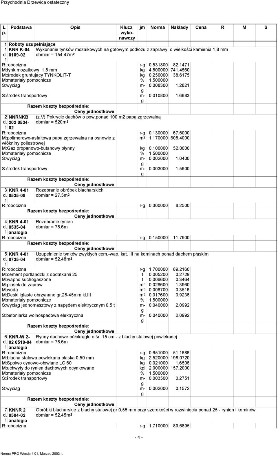 dachów o powponad 00 2 papą zrzewalną 202 0534- obiar = 520 2 02 0008300 282 000800 6683 R:robocizna r- 030000 676000 M:polierowo-asfaltowa papa zrzewalna na osnowie z 2 70000 6084000 włókniny