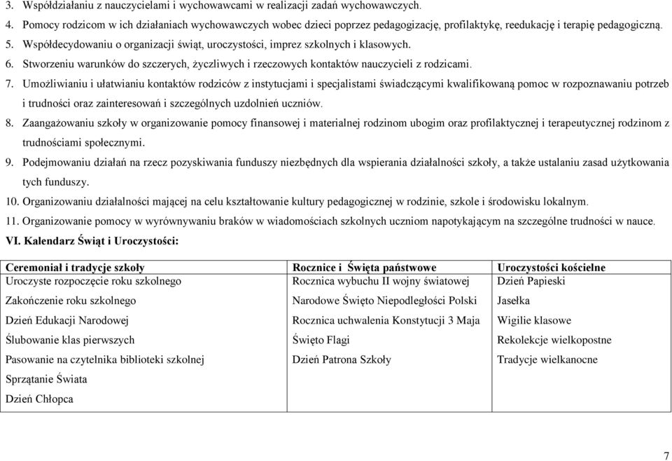 Współdecydowaniu o organizacji świąt, uroczystości, imprez szkolnych i klasowych. 6. Stworzeniu warunków do szczerych, życzliwych i rzeczowych kontaktów nauczycieli z rodzicami. 7.