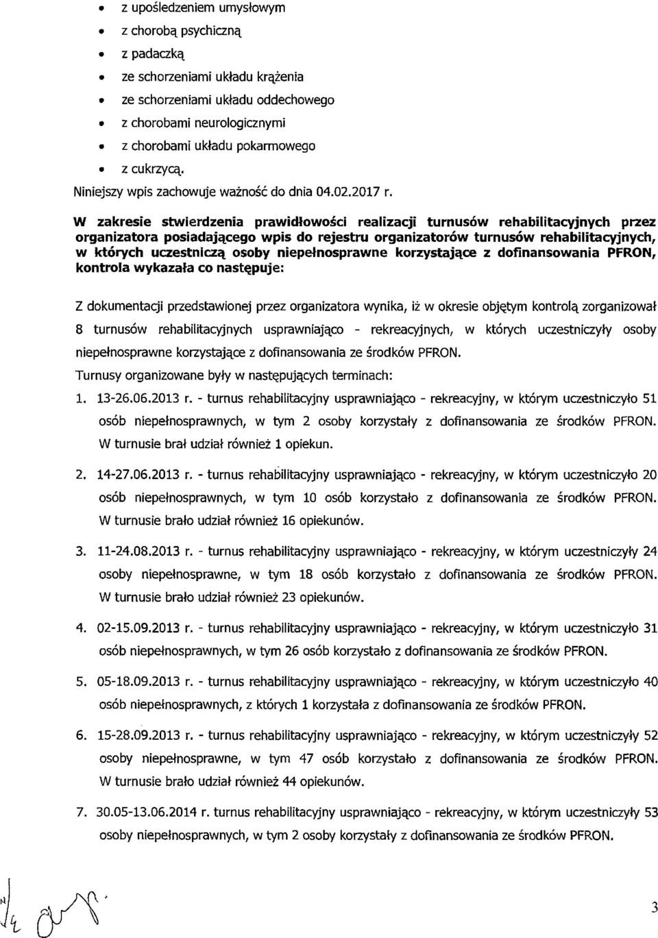 W zakresie stwierdzenia prawidłowości realizacji turnusów rehabilitacyjnych przez organizatora posiadającego wpis do rejestru organizatorów turnusów rehabilitacyjnych, w których uczestniczą osoby