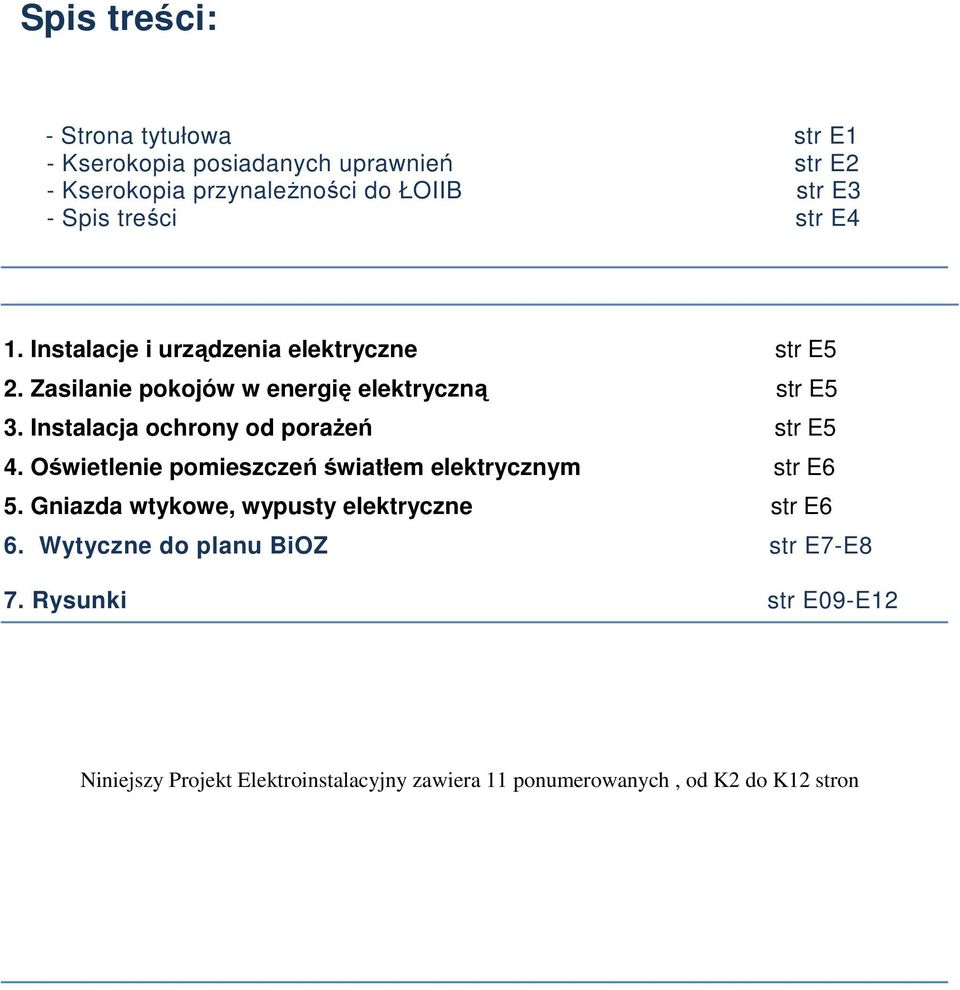 Instalacja ochrony od porażeń str E5 4. Oświetlenie pomieszczeń światłem elektrycznym str E6 5.