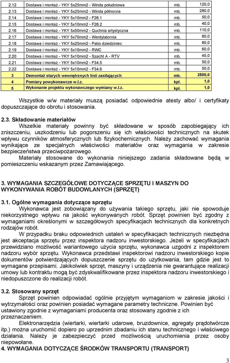 18 Dostawa i montaż - YKY 5x25mm2 - Patio dziedziniec mb. 80,0 2.19 Dostawa i montaż - YKY 5x10mm2 - RWC mb. 60,0 2.20 Dostawa i montaż - YKY 5x10mm2 - Szacht A - RTV mb. 45,0 2.