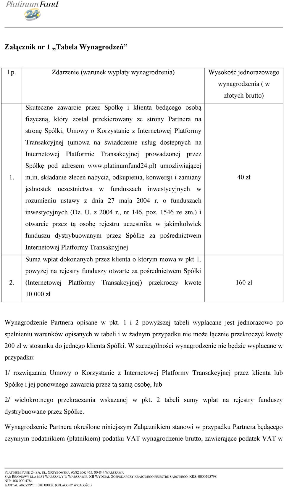 świadczenie usług dostępnych na Internetowej Platformie Transakcyjnej prowadzonej przez Spółkę pod adresem www.platinu