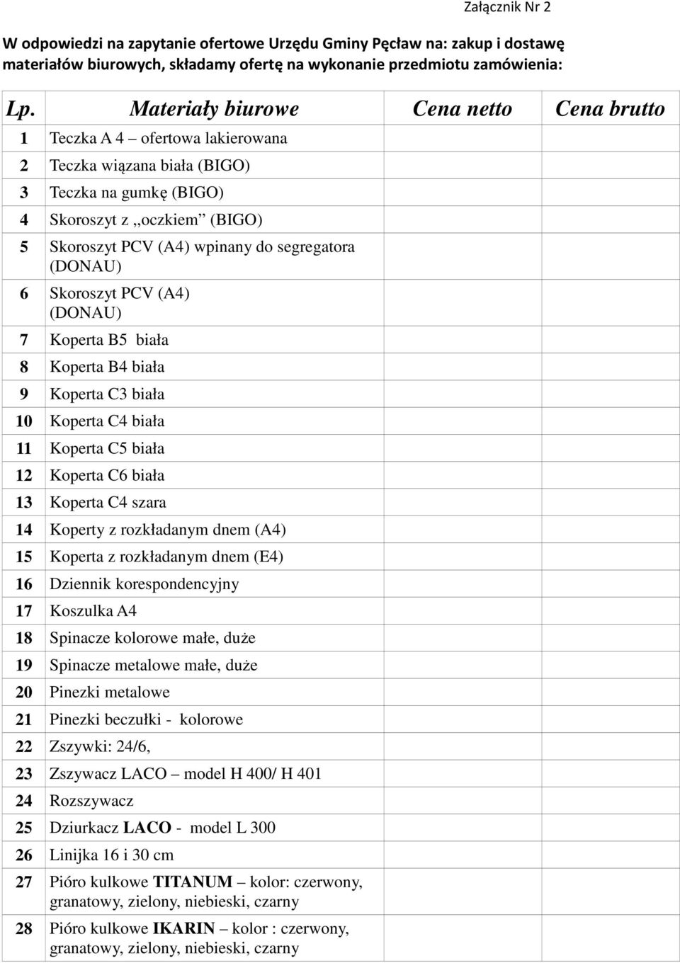 segregatora (DONAU) 6 Skoroszyt PCV (A4) (DONAU) 7 Koperta B5 biała 8 Koperta B4 biała 9 Koperta C3 biała 10 Koperta C4 biała 11 Koperta C5 biała 12 Koperta C6 biała 13 Koperta C4 szara 14 Koperty z