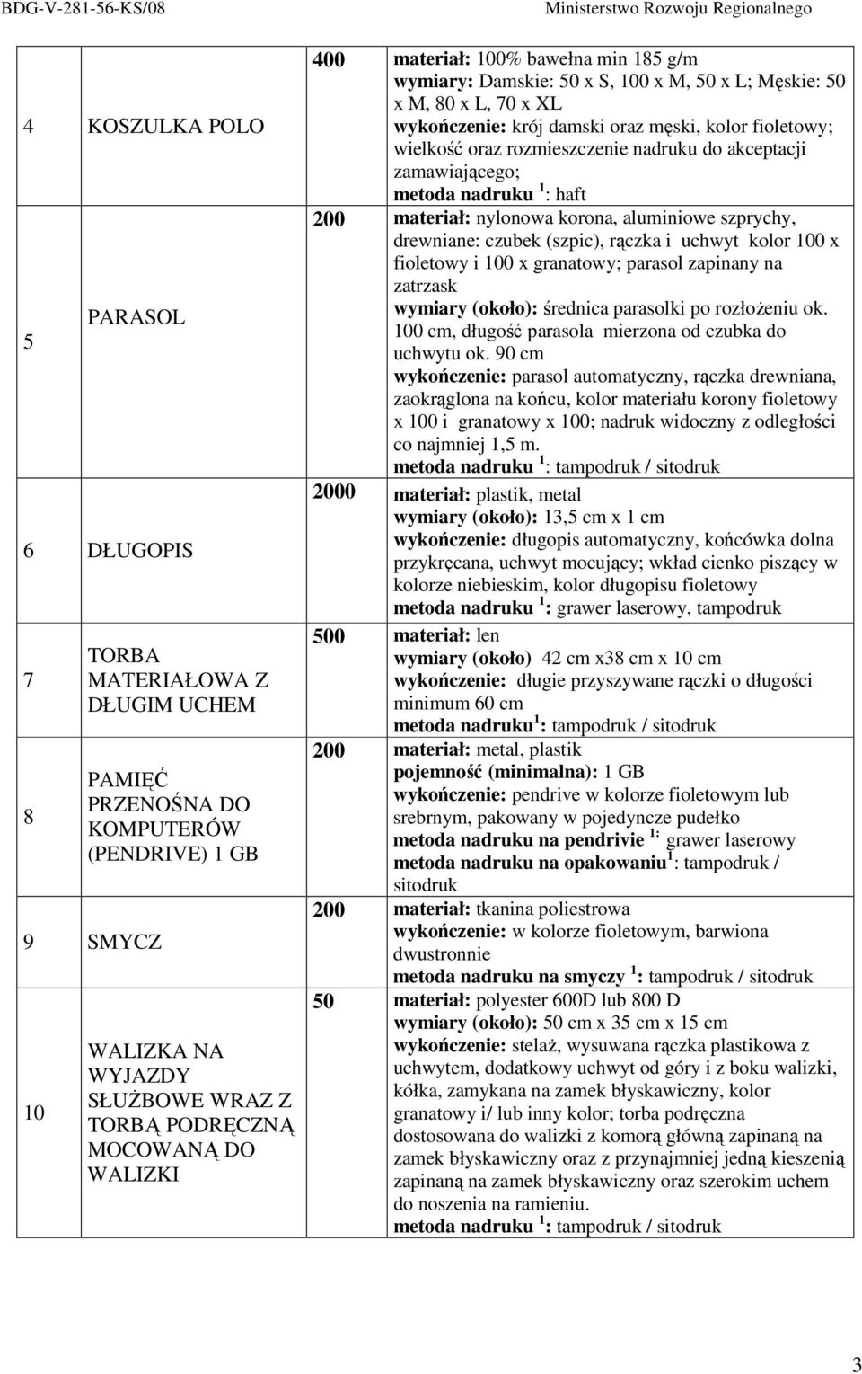 rozmieszczenie nadruku do akceptacji zamawiającego; metoda nadruku 1 : haft 200 materiał: nylonowa korona, aluminiowe szprychy, drewniane: czubek (szpic), rączka i uchwyt kolor 100 x fioletowy i 100