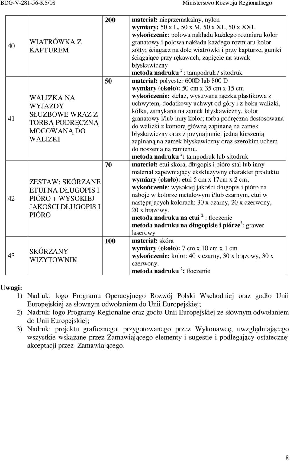 ściągacz na dole wiatrówki i przy kapturze, gumki ściągające przy rękawach, zapięcie na suwak błyskawiczny metoda nadruku 2 : tampodruk / sitodruk 50 materiał: polyester 600D lub 800 D wymiary