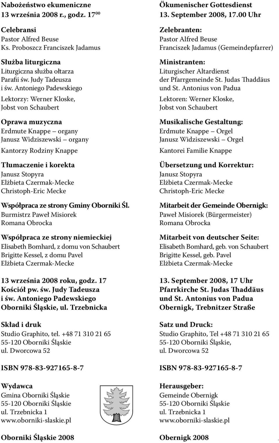 Antoniego Padewskiego Lektorzy: Werner Kloske, Jobst von Schaubert Oprawa muzyczna Erdmute Knappe organy Janusz Widziszewski organy Kantorzy Rodziny Knappe Tłumaczenie i korekta Janusz Stopyra