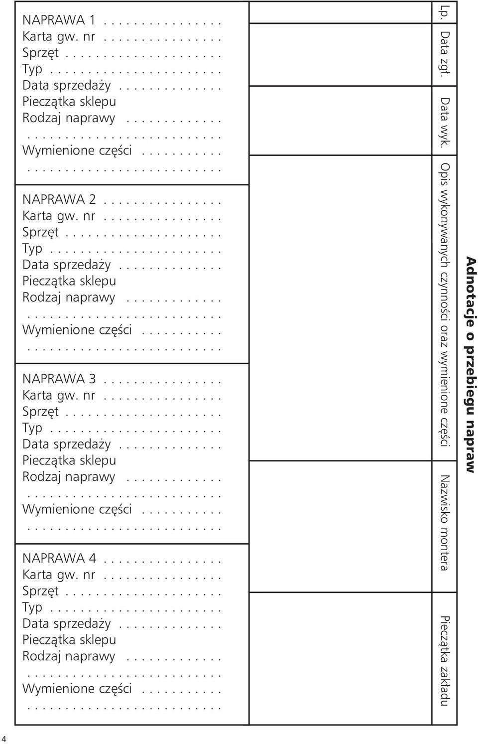 ............ Wymienione części........... NAPRAWA 3................ Karta gw. nr................ Sprzęt..................... Typ....................... Data sprzedaży.............. Pieczątka sklepu Rodzaj naprawy.