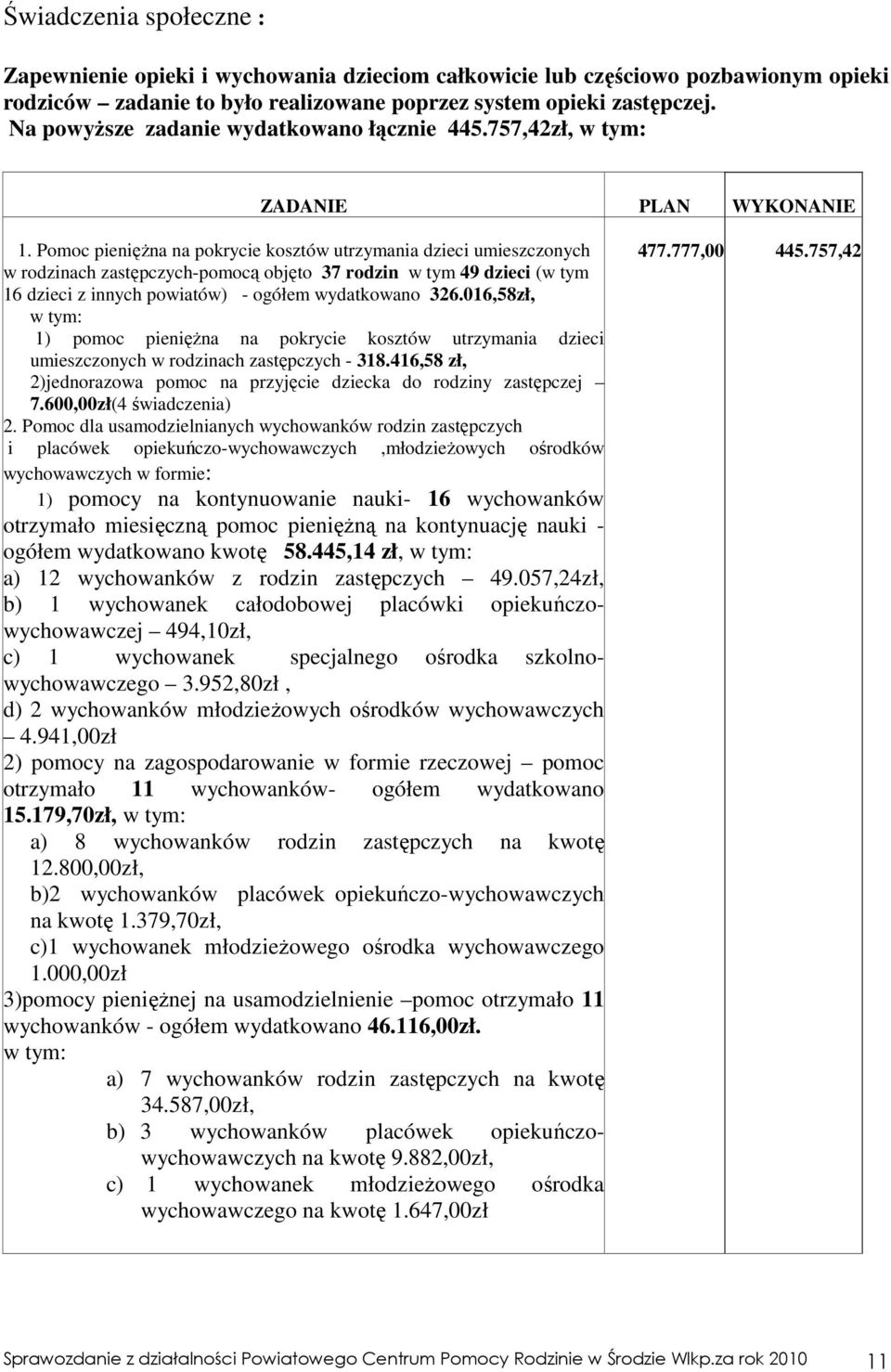 Pomoc pienięŝna na pokrycie kosztów utrzymania dzieci umieszczonych w rodzinach zastępczych-pomocą objęto 37 rodzin w tym 49 dzieci (w tym 16 dzieci z innych powiatów) - ogółem wydatkowano 326.