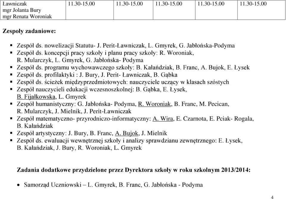 Franc, A. Bujok, E. Łysek Zespół ds. profilaktyki : J. Bury, J. Perit- Ławniczak, B. Gąbka Zespół ds.