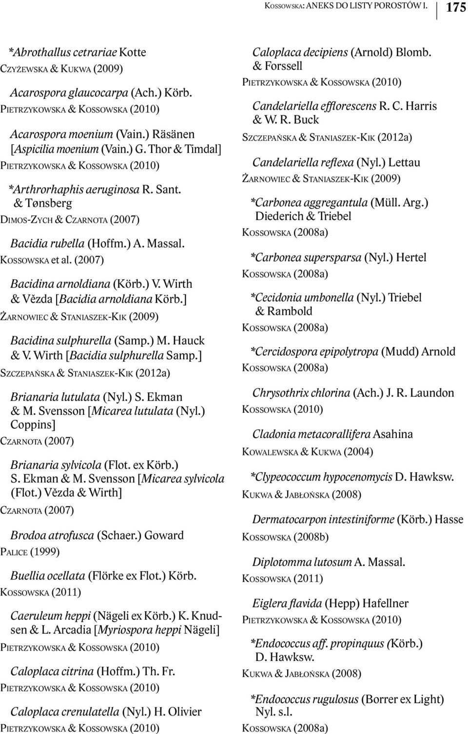 ] Bacidina sulphurella (Samp.) M. Hauck & V. Wirth [Bacidia sulphurella Samp.] Brianaria lutulata (Nyl.) S. Ekman & M. Svensson [Micarea lutulata (Nyl.) Coppins] Brianaria sylvicola (Flot. ex Körb.