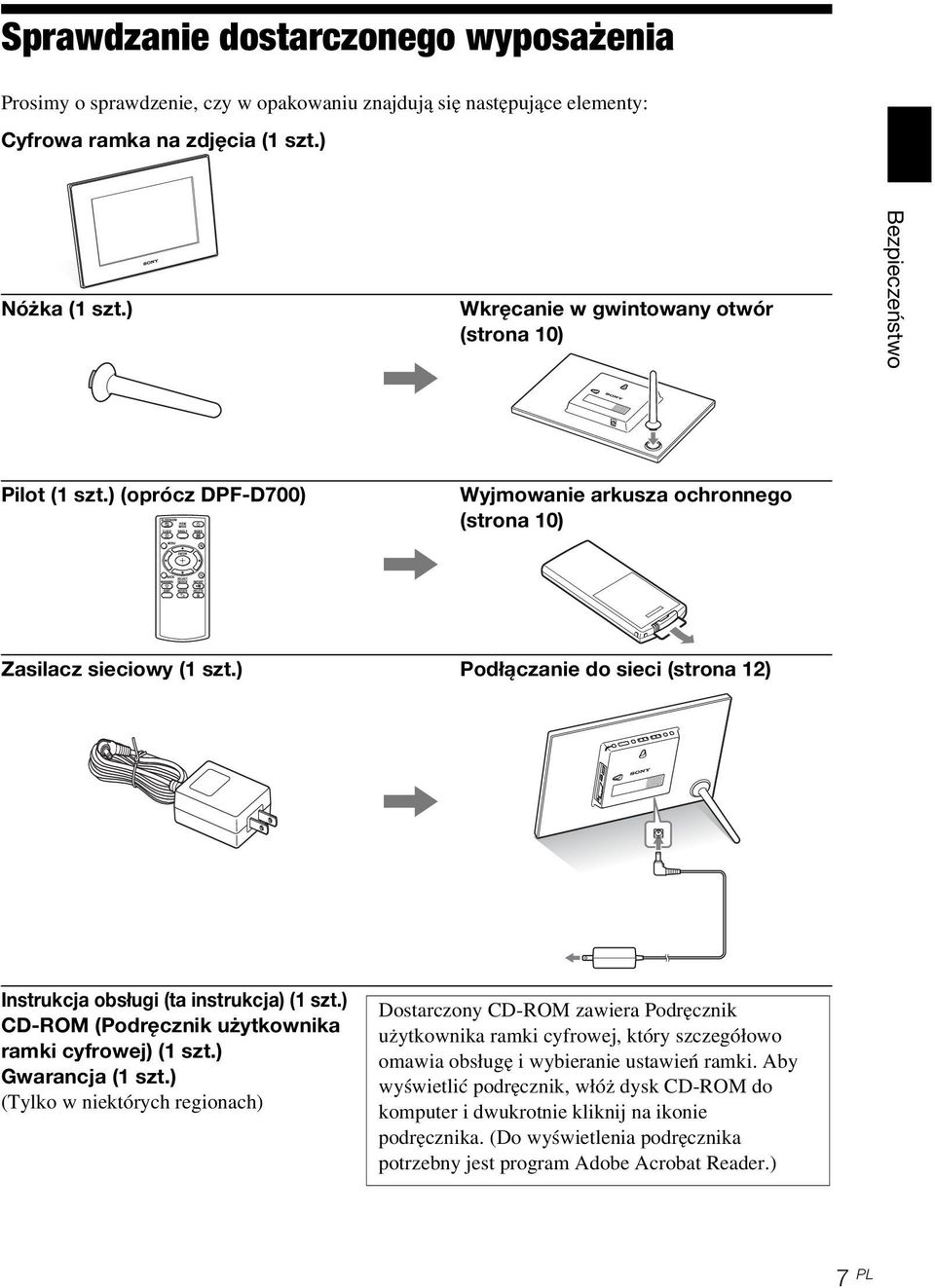 ) Podłączanie do sieci (strona 12), Instrukcja obsługi (ta instrukcja) (1 szt.) CD-ROM (Podręcznik użytkownika ramki cyfrowej) (1 szt.) Gwarancja (1 szt.