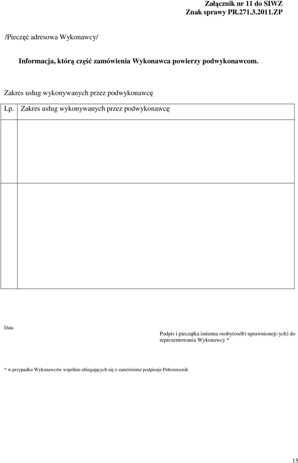 Zakres usług wykonywanych przez podwykonawcę Lp.