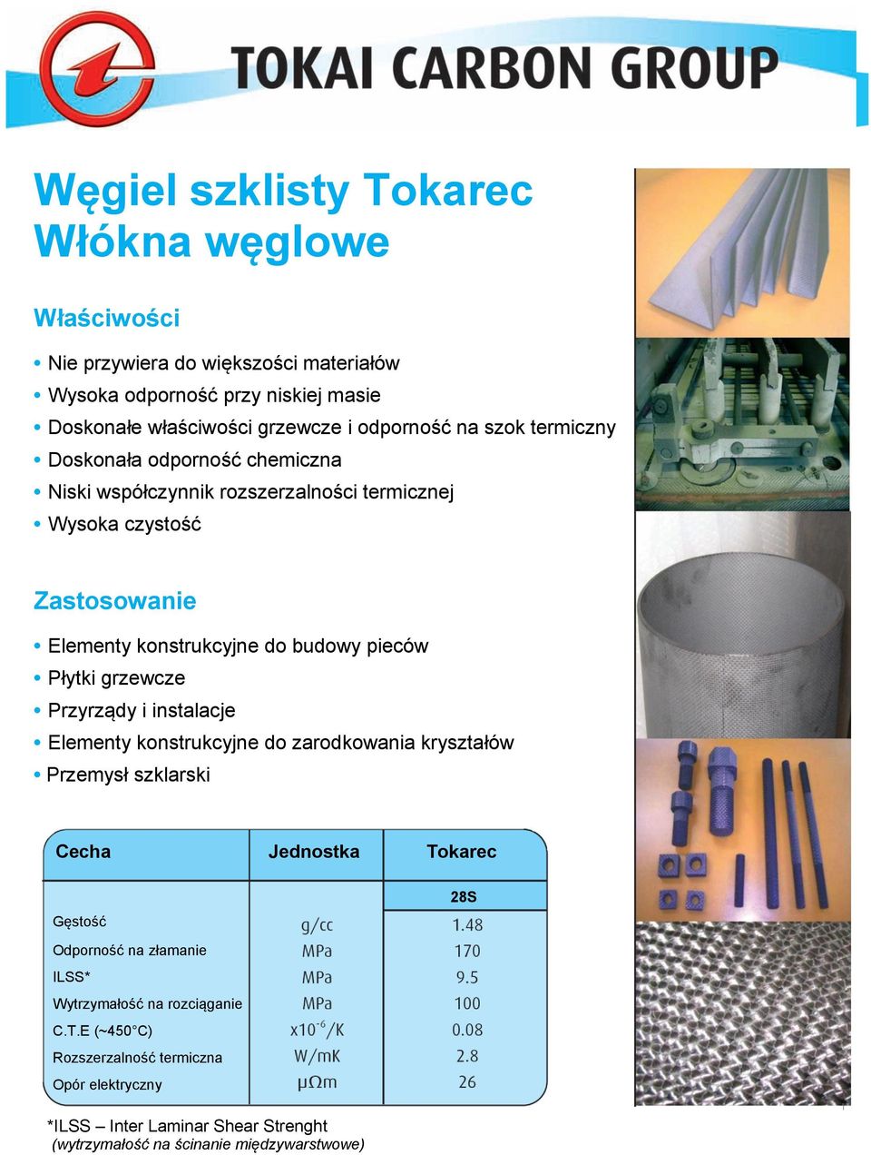 budowy pieców Płytki grzewcze Przyrządy i instalacje Elementy konstrukcyjne do zarodkowania kryształów Przemysł szklarski Cecha Jednostka Tokarec 28S ILSS*