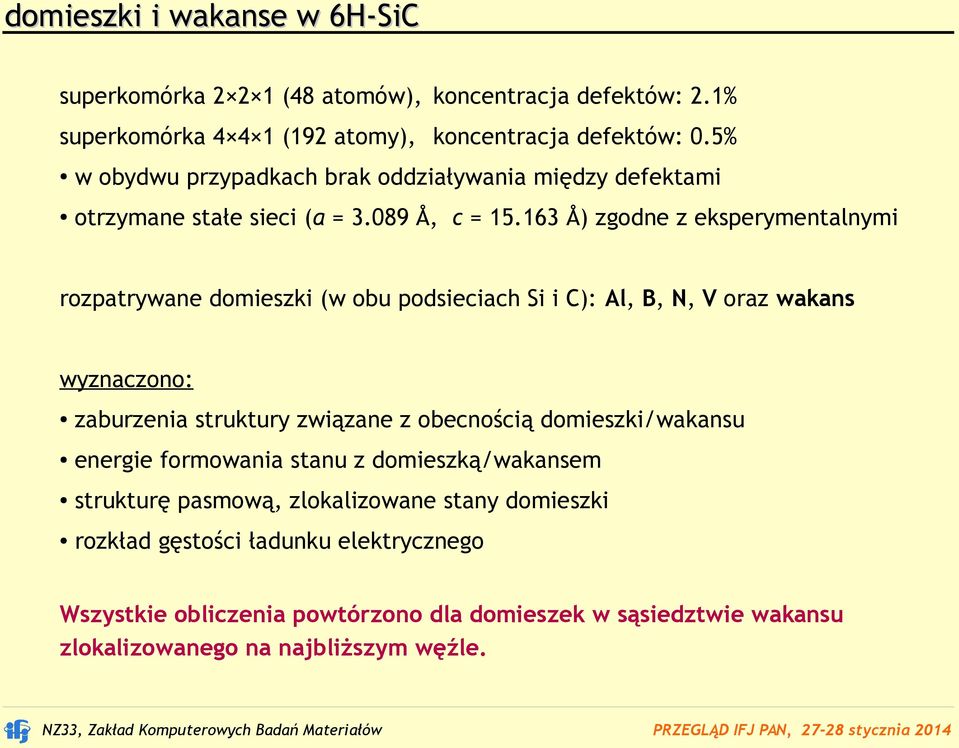 163 Å) zgodne z eksperymentalnymi rozpatrywane domieszki (w obu podsieciach Si i C): Al, B, N, V oraz wakans wyznaczono: zaburzenia struktury związane z obecnością