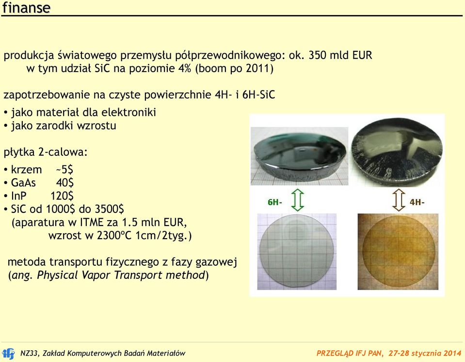 6H-SiC jako materiał dla elektroniki jako zarodki wzrostu płytka 2-calowa: krzem ~5$ GaAs 40$ InP 120$ SiC