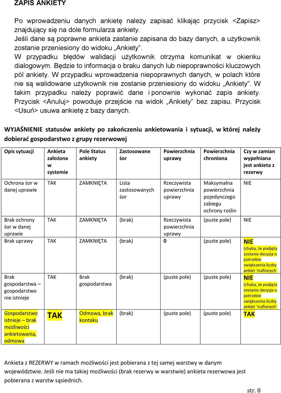 Będzie to informacja o braku danych lub niepoprawności kluczowych pól ankiety.